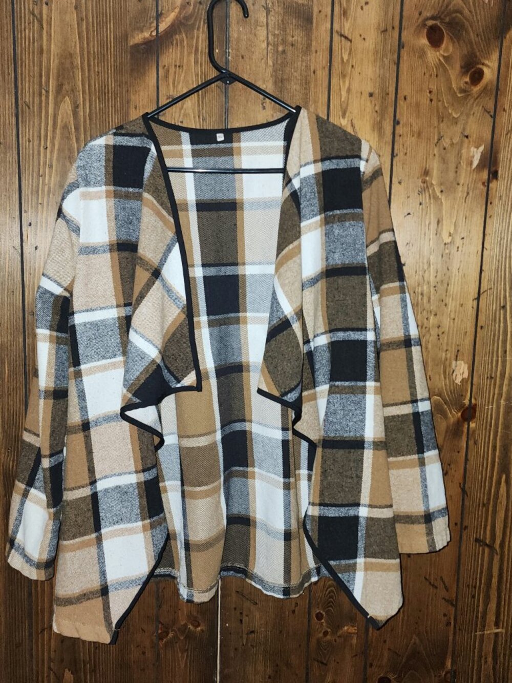 Plaid Open Front Waterfall Cardigan Jacket | Camel Tan & Black | Size XL
